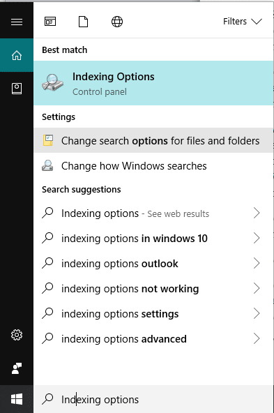 Abre Cortana o la barra de búsqueda y escribe Opciones de indexación en ella | Arreglar el alto uso de CPU de Searchindexer.exe