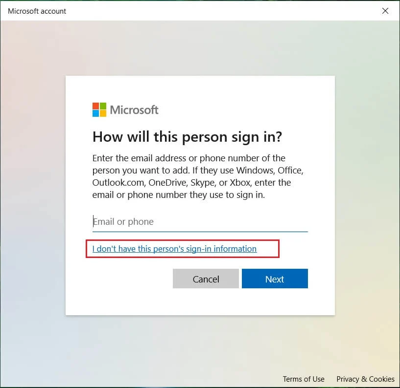 Haga clic en No tengo la información de inicio de sesión de esta persona en la parte inferior | Arreglar el alto uso de CPU de Searchindexer.exe