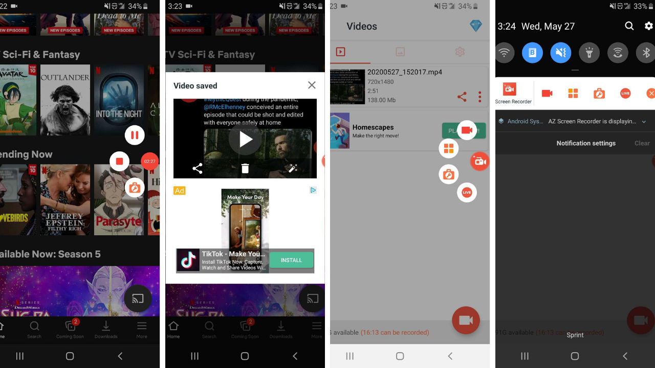Registrazione dello schermo sull'app AZ Screen Recorder