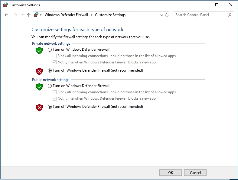 Disattiva Windows Firewall.