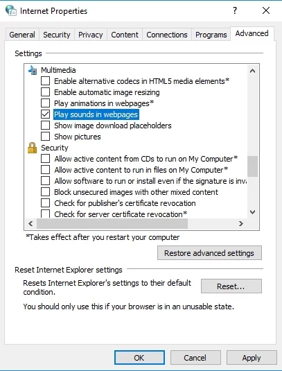 Clique em Reproduzir sons em páginas da Web.