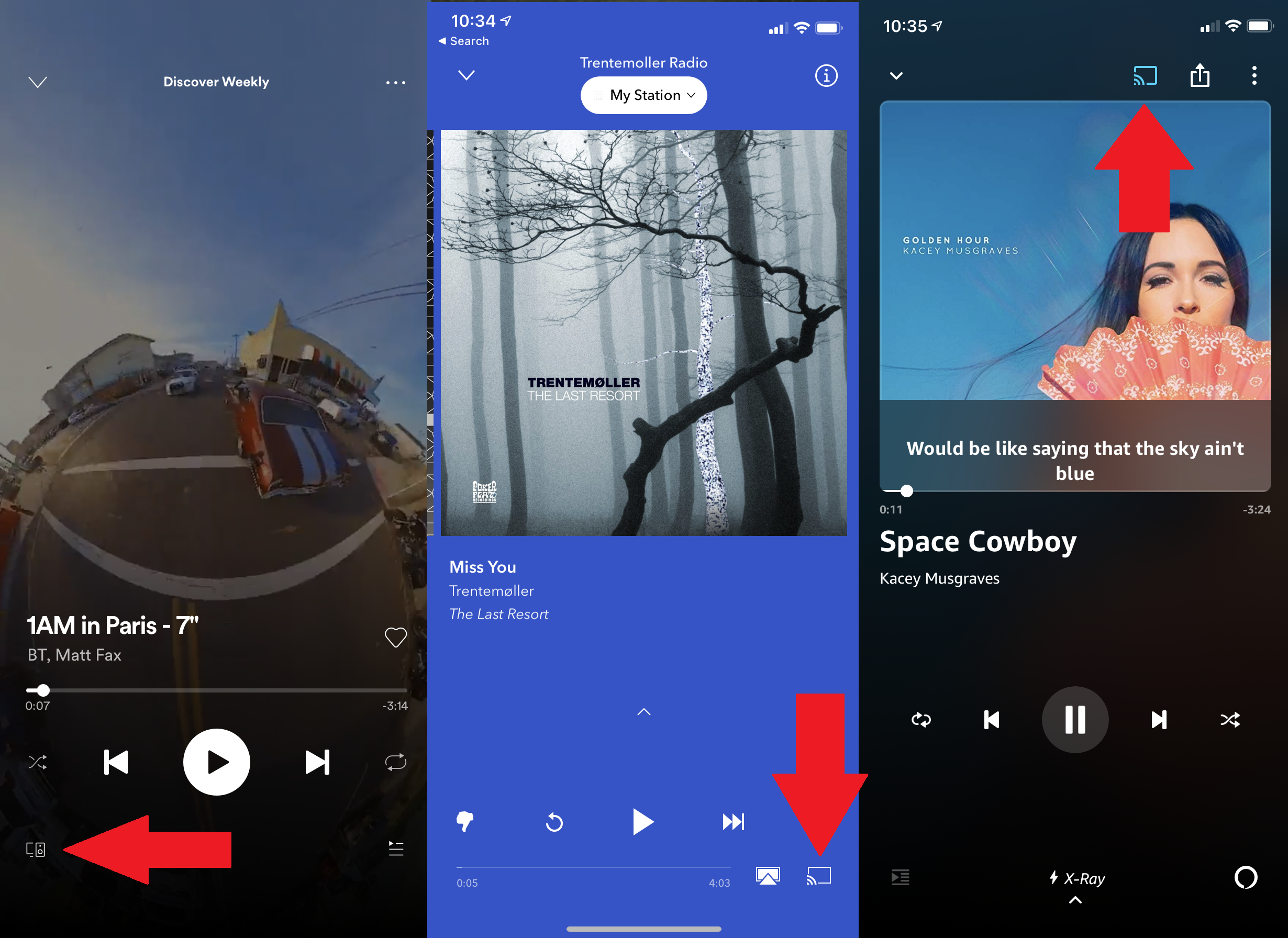 Spotify、Pandora 和 Amazon Music 應用程序上的投射圖標