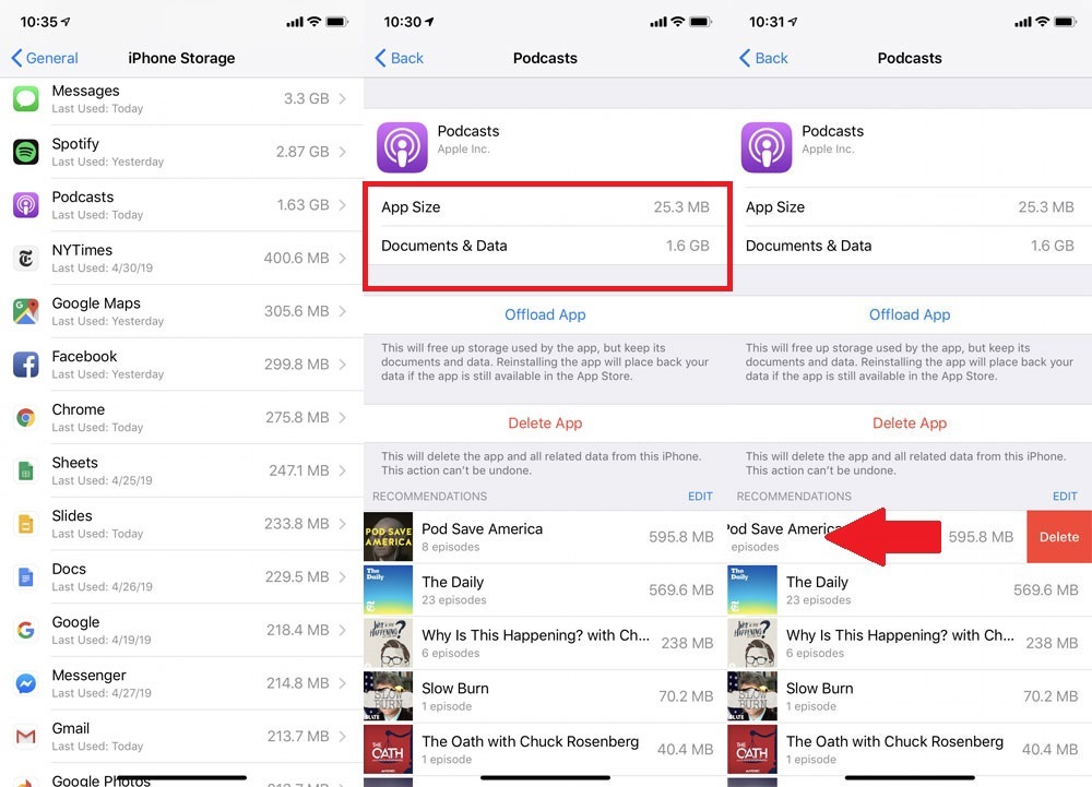 หน้าจอการตั้งค่า iPhone พร้อมขนาดแอพ