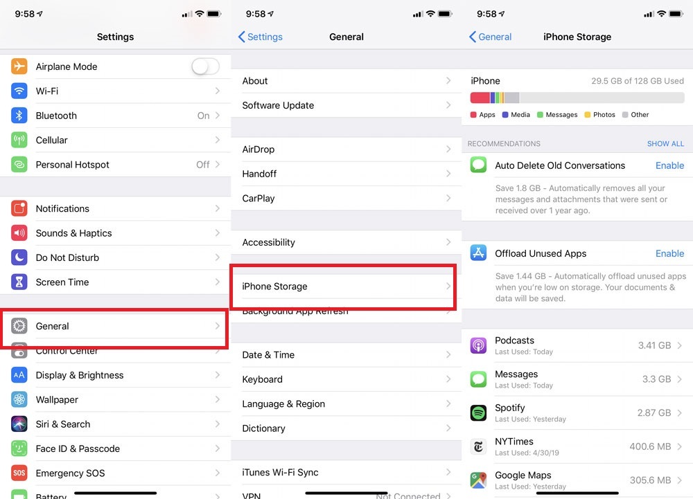 หน้าจอที่เก็บข้อมูล iPhone ภายใต้การตั้งค่า