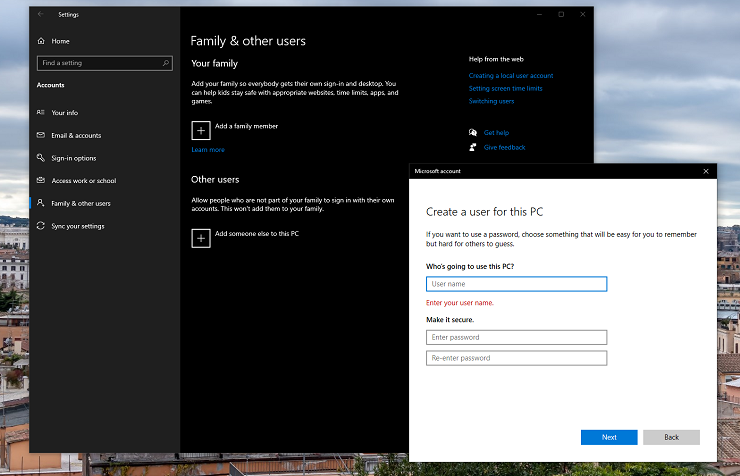 Impostazioni di creazione dell'account Windows