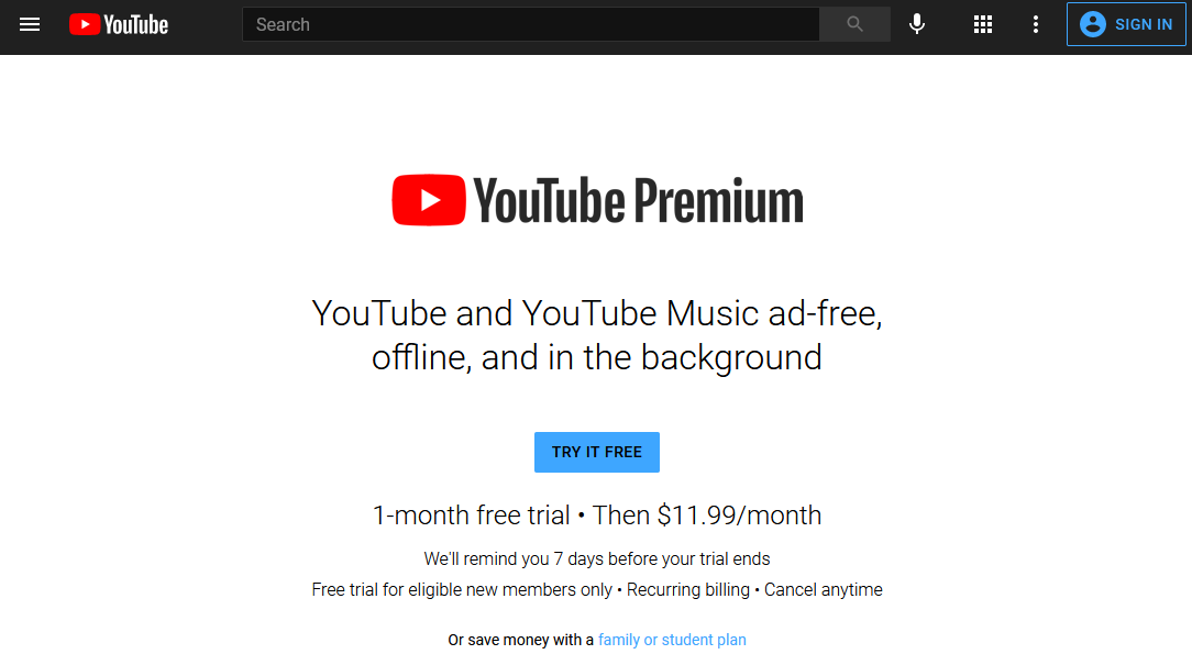 Preços do YouTube Premium