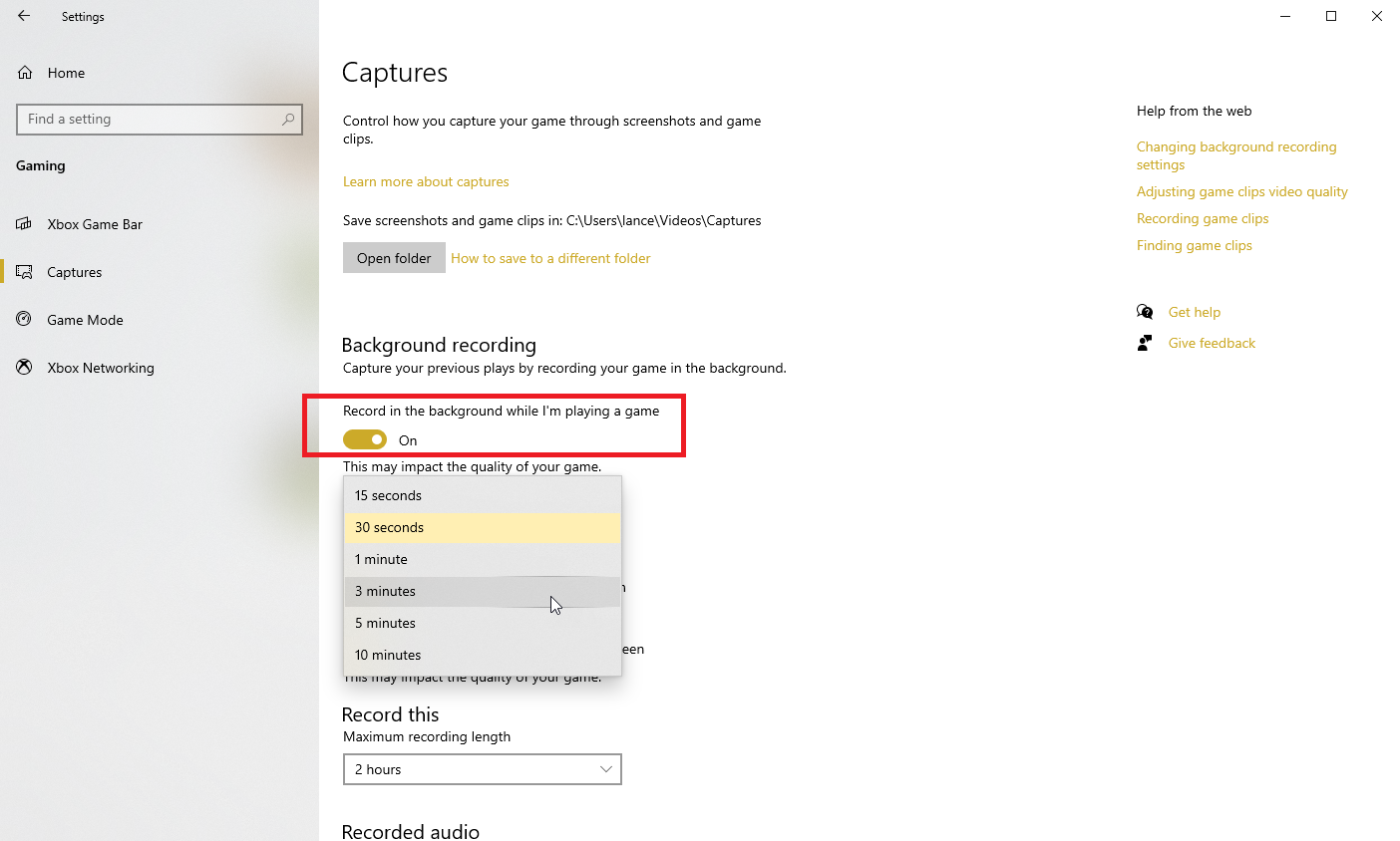 configuración de grabación en segundo plano