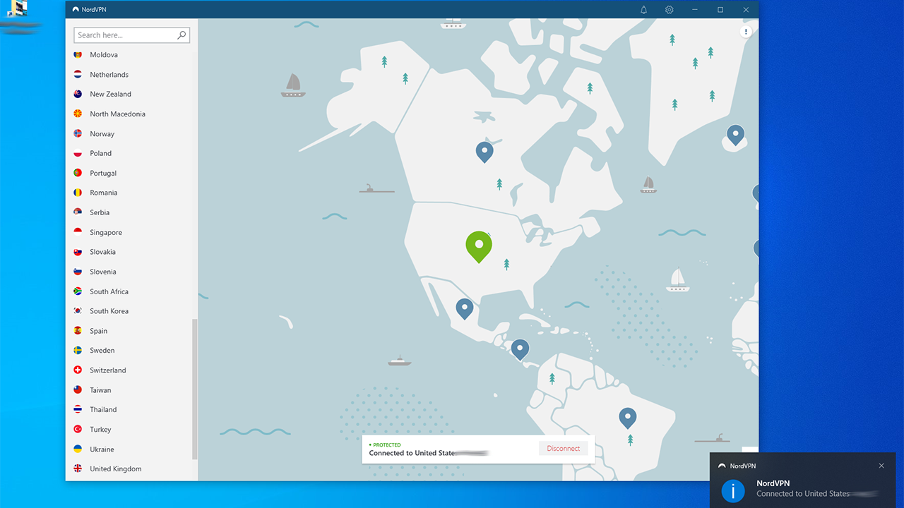 NordVPN con mapa y lista de servidores