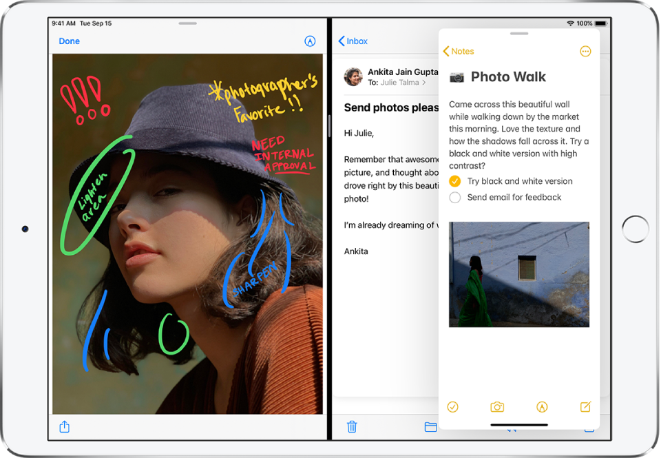 o fereastră Slide Over deasupra unei ferestre Split View