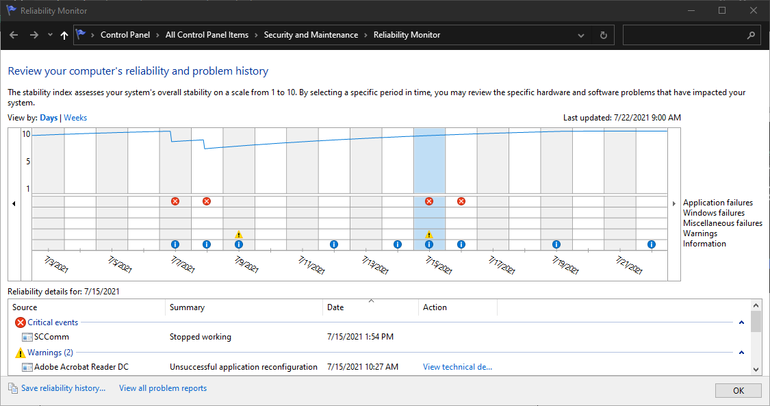 monitor keandalan windows