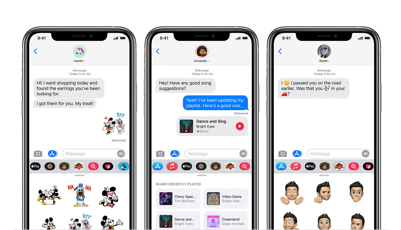 ثلاث شاشات على iPhone تعرض قافلة جماعية في الرسائل