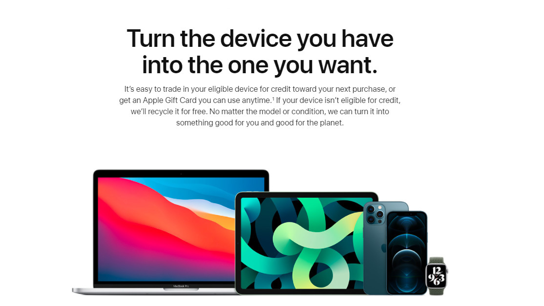 لقطة شاشة لموقع Apple Trade In مع العديد من أجهزة Apple و "حوّل جهازك إلى الجهاز الذي تريده".