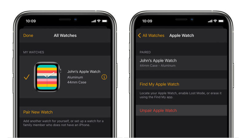شاشتا iPhone تعرضان عملية إلغاء الاقتران الموضحة أدناه