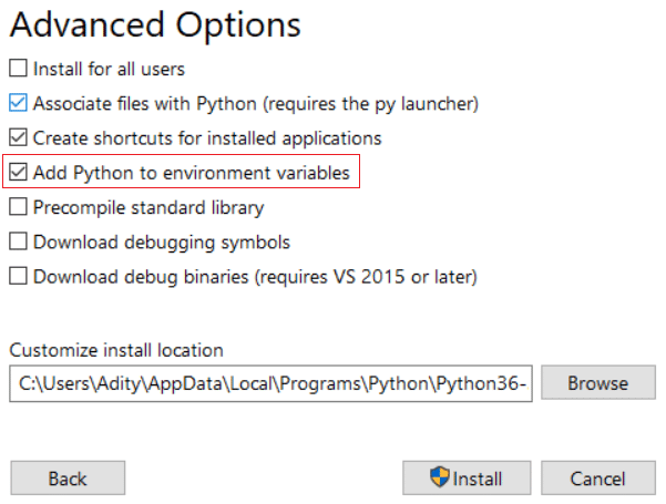 Bifați Adăugați Python la variabilele de mediu și faceți clic pe Instalare