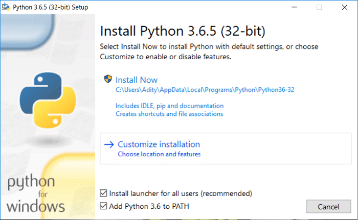 Bifați „Adăugați Python 3.6 la PATH”, apoi faceți clic pe Personalizați instalarea
