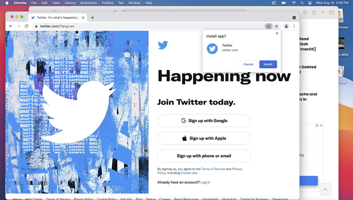 Installation d'un PWA dans Chrome exécuté sur macOS.