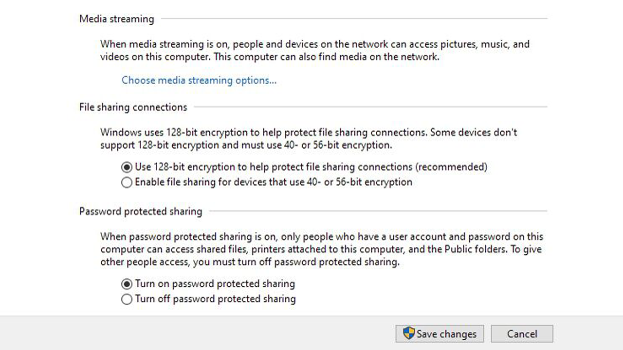 Captura de pantalla de la configuración de Windows para compartir contraseñas de red