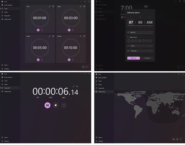 مكونات تطبيق Windows 11 Clock