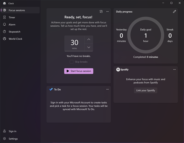 لوحة جلسات التركيز في لوحة Windows 11 Clock
