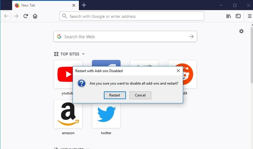 Reinicia tu Firefox con los complementos deshabilitados.