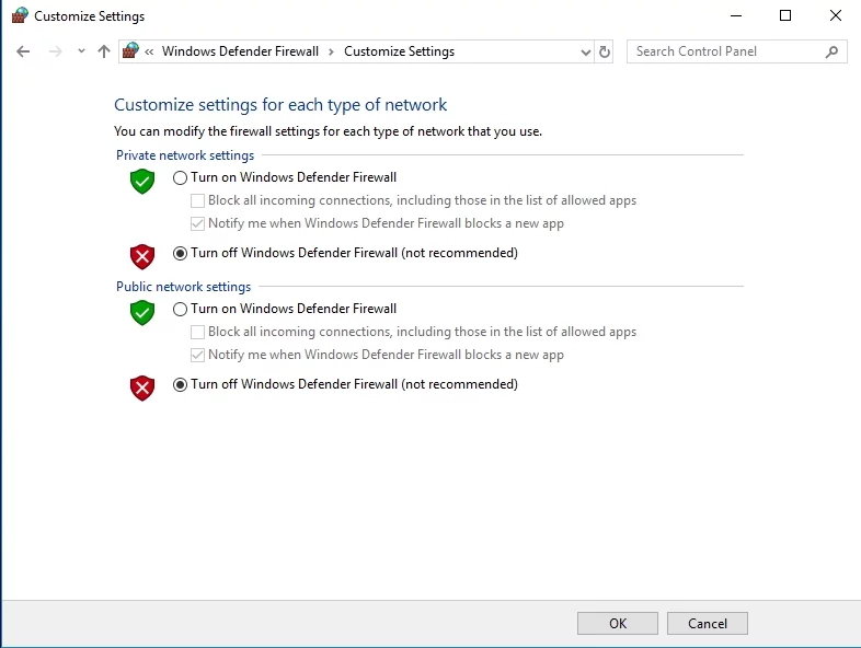 Deshabilite temporalmente su Firewall de Windows.
