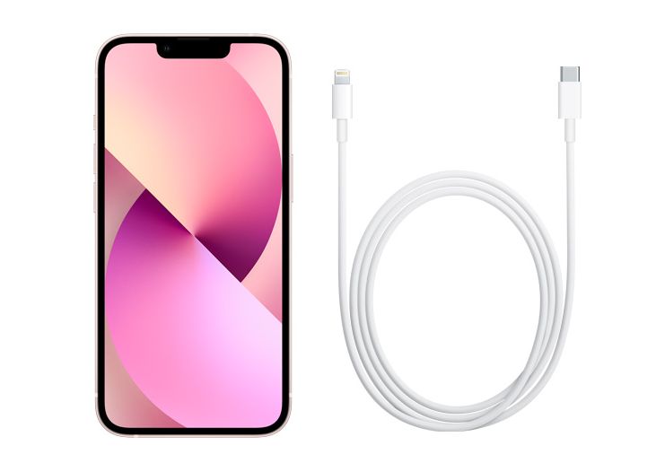lo que viene con un iPhone 13 en la caja: el iPhone y un cable USB-C a Lightning Cable