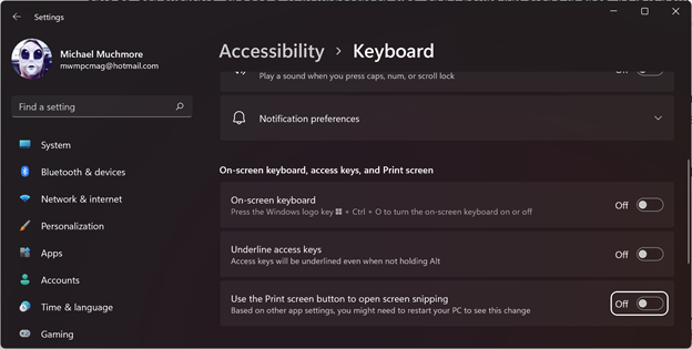 Ubah PrtSc untuk menggunakan Snipping Tool di Windows 11 untuk tangkapan layar