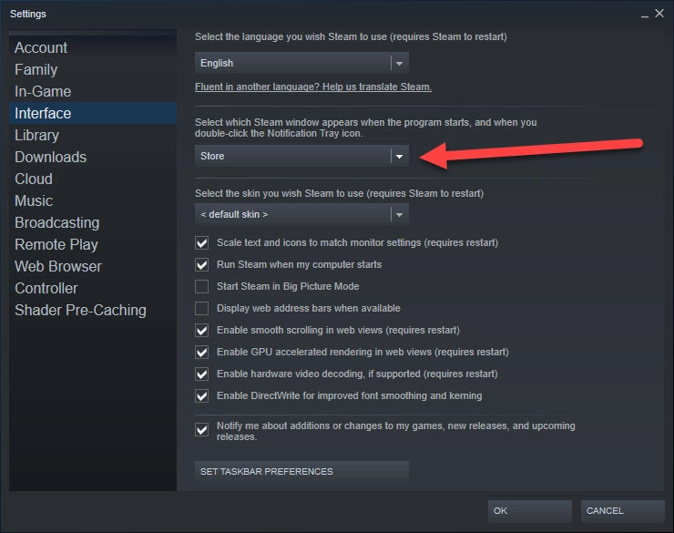 หน้าเริ่มต้น Steam