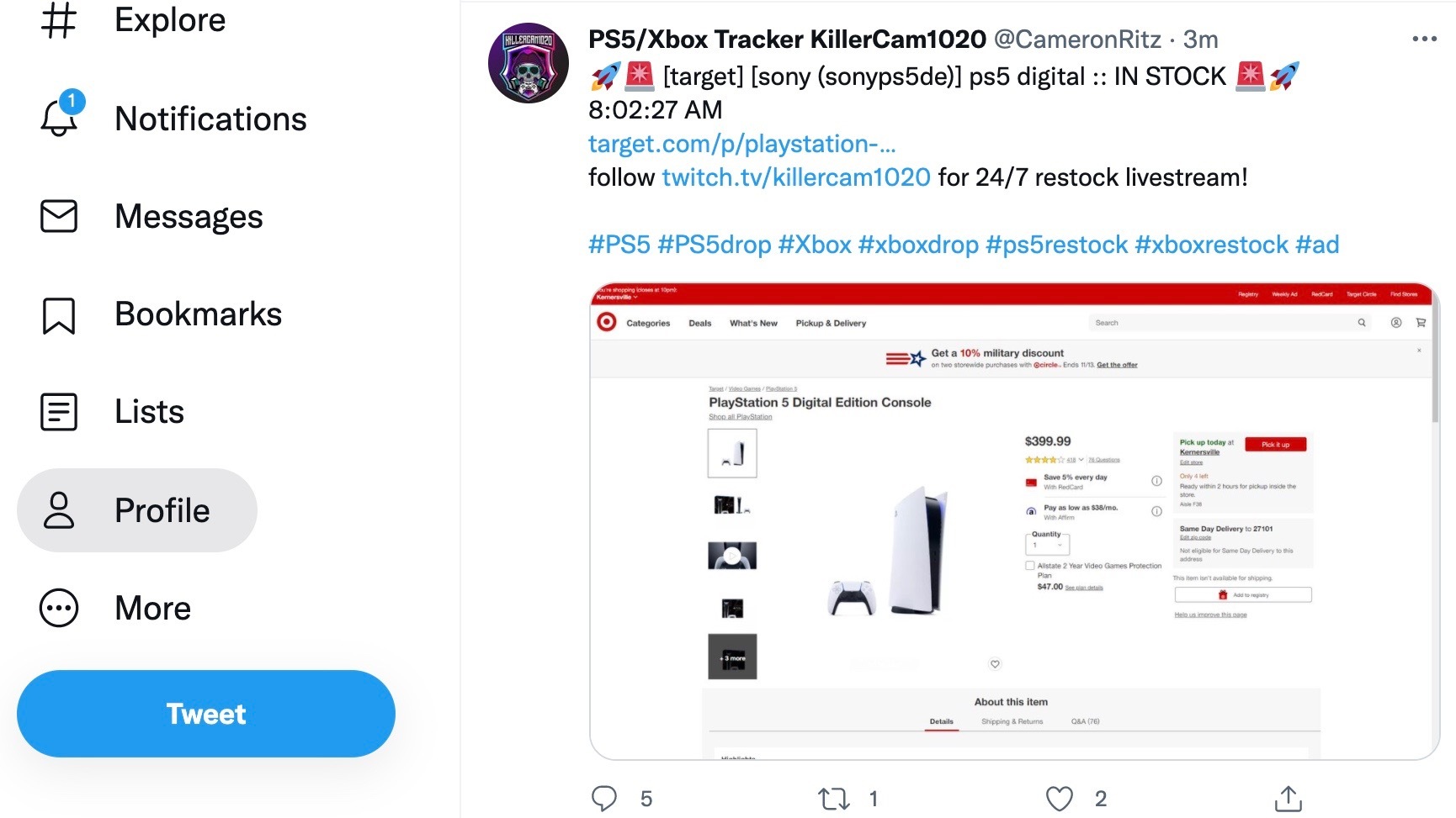 Una cuenta de Twitter que rastrea las reposiciones de PS5.
