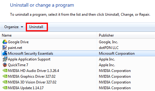 Clique com o botão direito do mouse em Microsoft Security Essentials e selecione Desinstalar