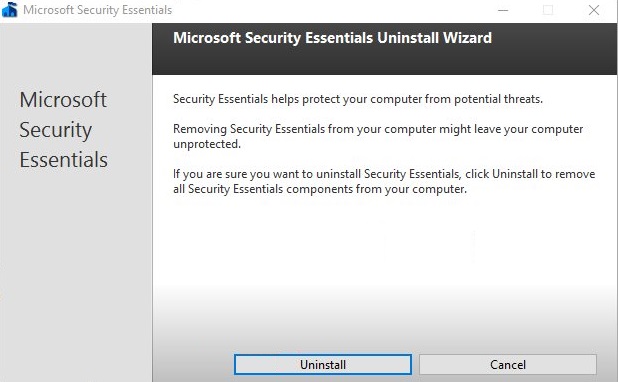 Selecione Desinstalar na janela do Microsoft Security Client