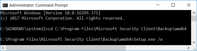 Digite Setup.exe /X uma vez que você cd o diretório do MSE
