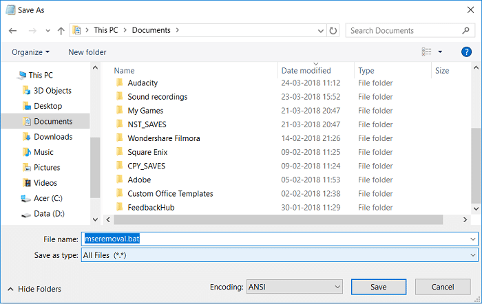 Digite mseremoval.bat, selecione Todos os arquivos do menu suspenso Salvar como tipo e clique em Salvar
