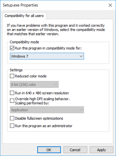 Certifique-se de marcar Executar este programa em modo de compatibilidade e selecione Windows 7