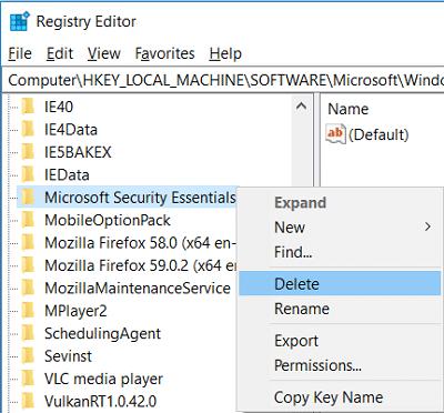 Clique com o botão direito do mouse em Microsoft Security Essentials e selecione Excluir