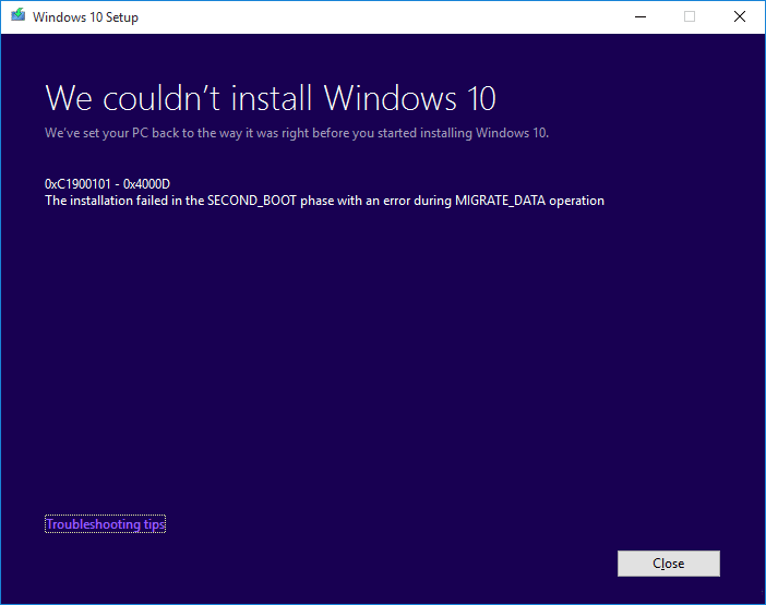 修復 Windows 10 安裝失敗並出現錯誤 C1900101-4000D