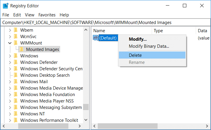 右鍵單擊 Default Registry 鍵並在 Mounted Image 註冊表編輯器下選擇 Delete