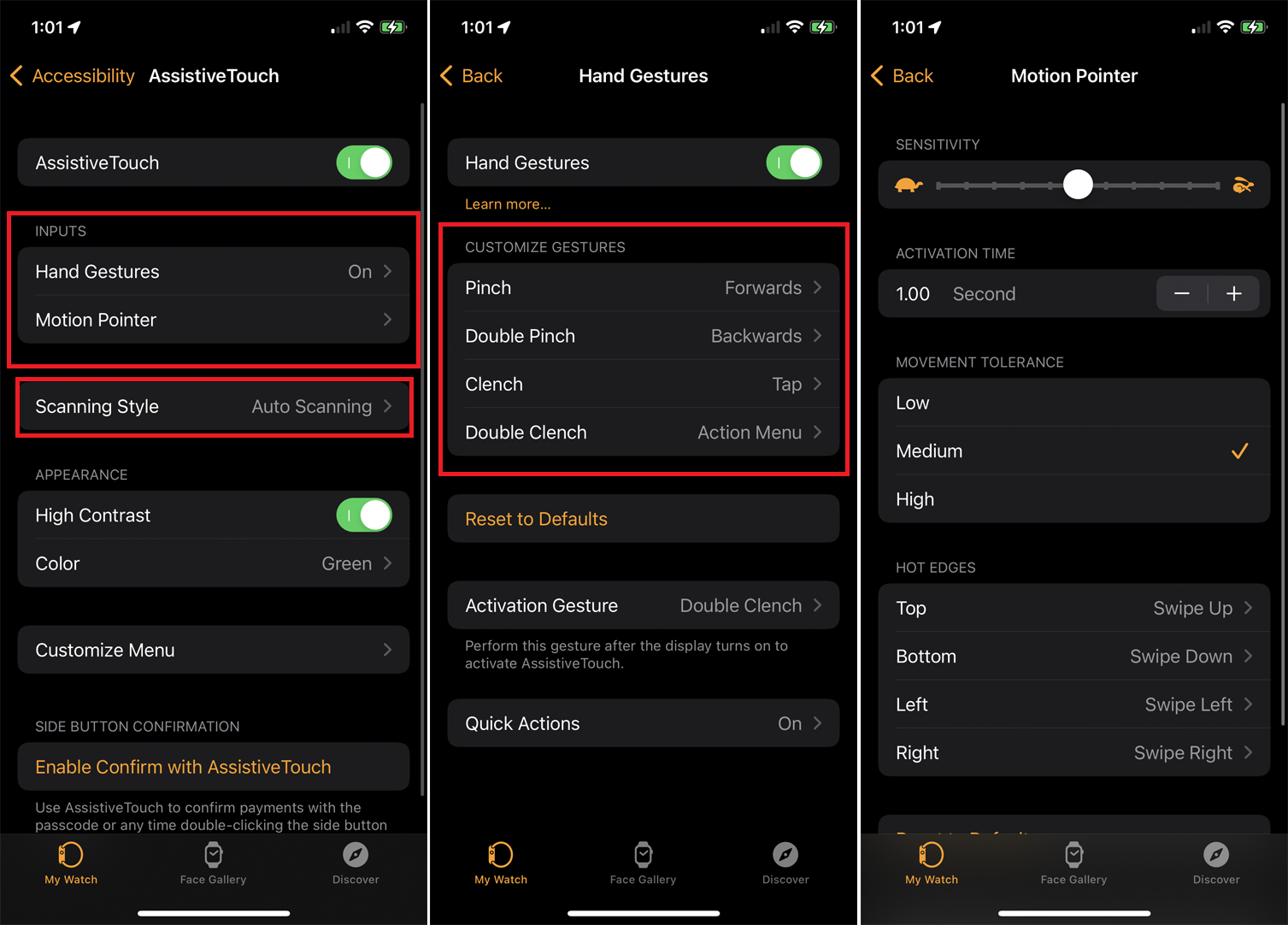 capturas de tela das configurações de gestos de mão em um iphone