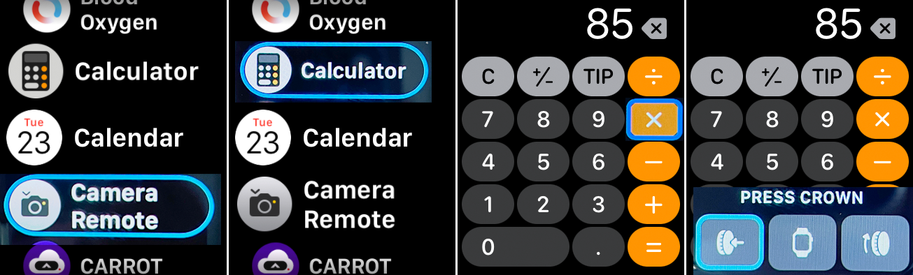 capturas de pantalla de un Apple Watch de opciones de control de gestos