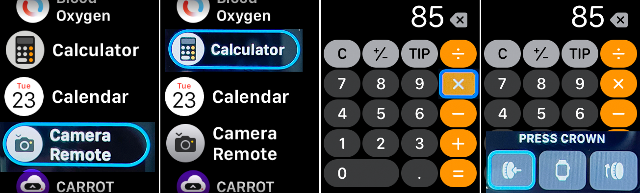 capturi de ecran ale unui Apple Watch cu opțiuni de control prin gesturi