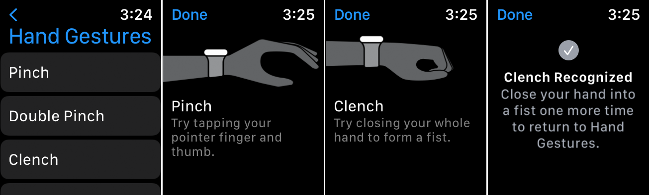 zrzuty ekranu z zegarka Apple pokazujące dostępne gesty rąk