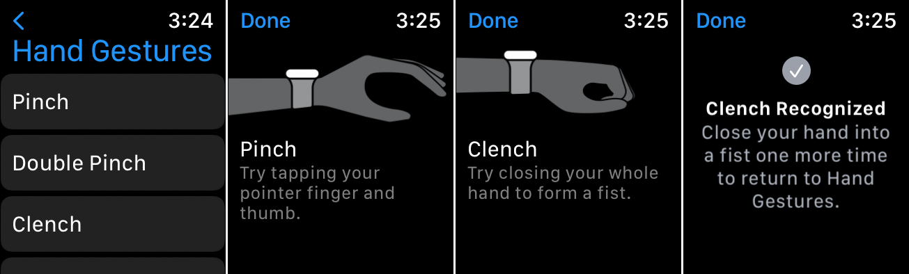 สกรีนช็อตจาก Apple Watch ที่แสดงท่าทางมือที่มีอยู่