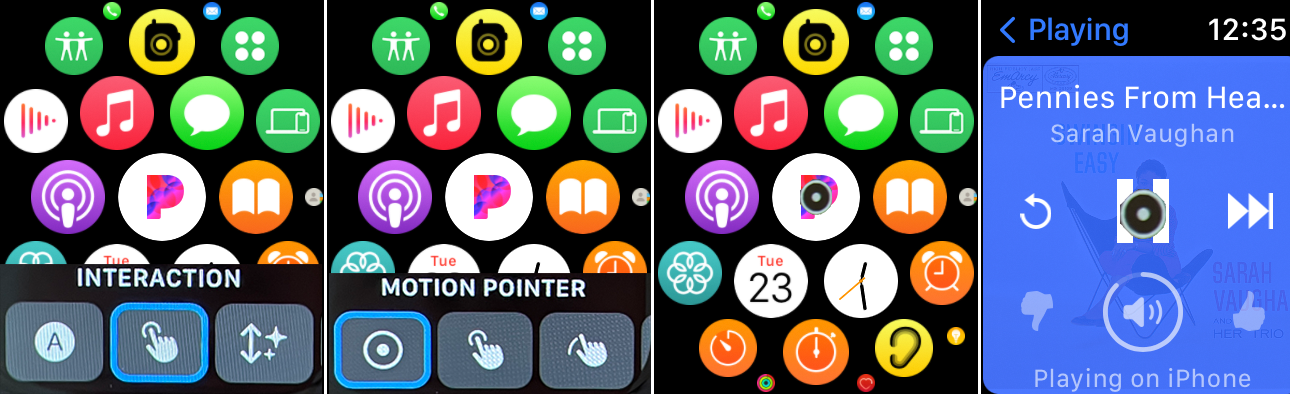 zrzuty ekranu z zegarka Apple pokazujące wskaźnik ruchu do otwierania aplikacji muzycznej