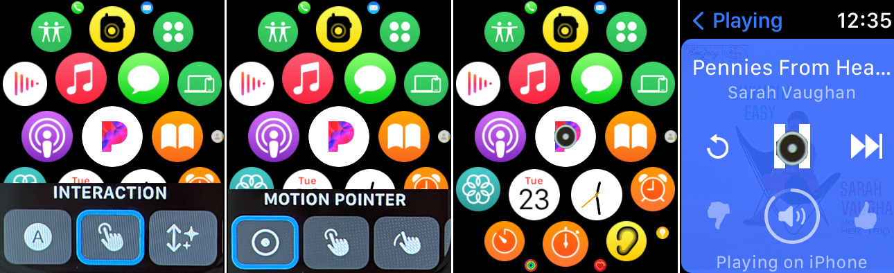 ภาพหน้าจอจาก Apple Watch ที่แสดงตัวชี้การเคลื่อนไหวเพื่อเปิดแอปเพลง