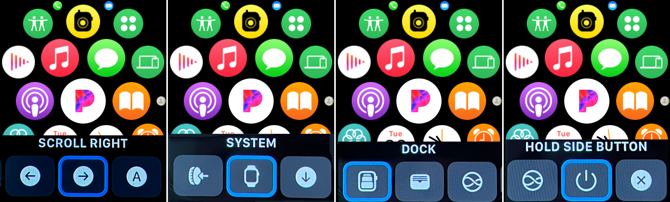capturas de pantalla de un Apple Watch que muestra las opciones de desplazamiento a través de AssistiveTouch