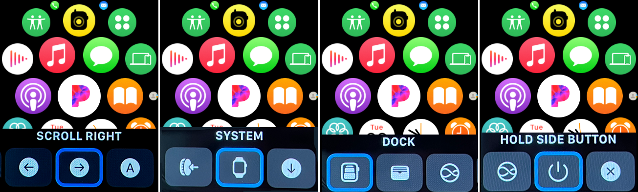 ภาพหน้าจอของ Apple Watch ที่แสดงตัวเลือกการเลื่อนผ่าน Assistivetouch