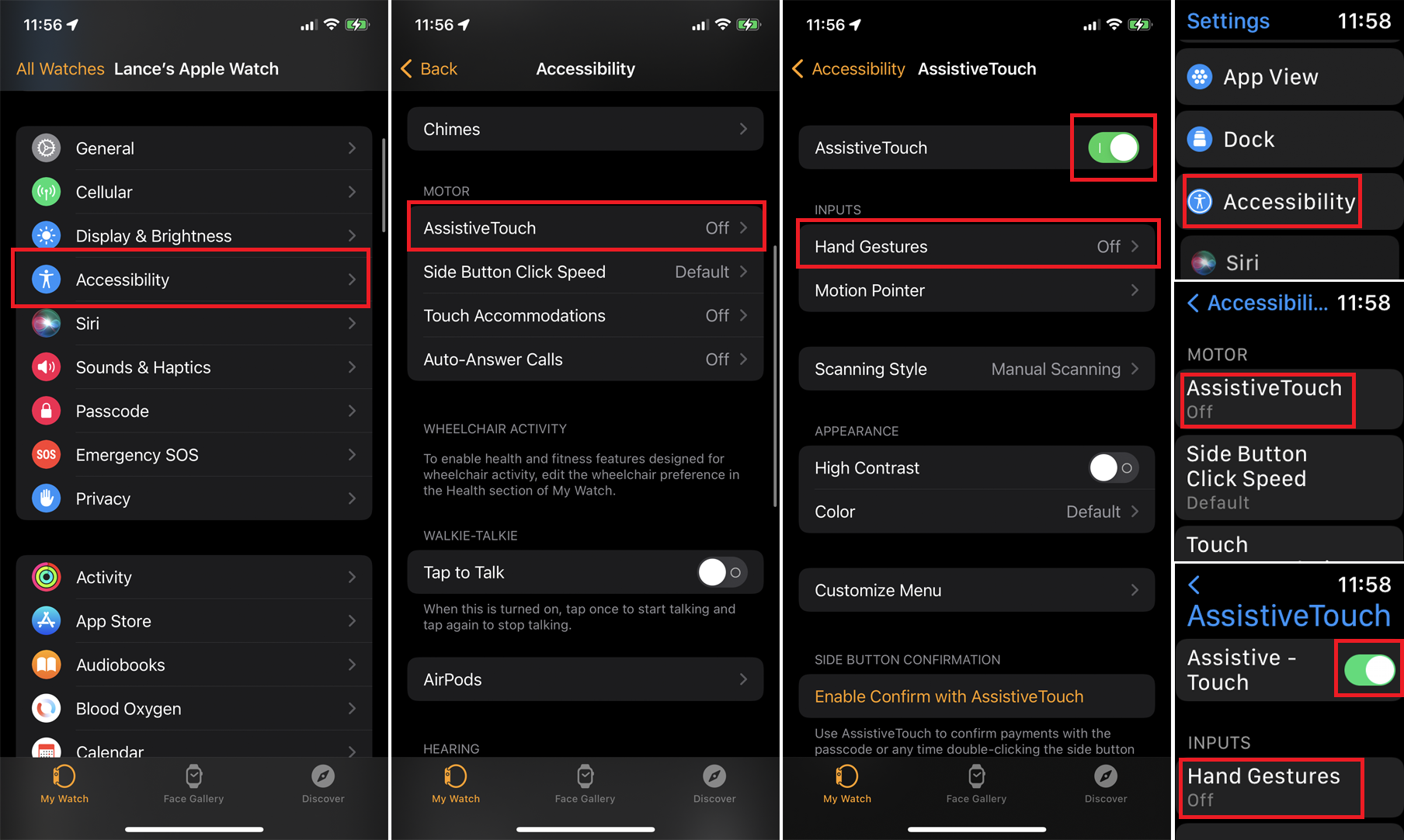 Capturas de pantalla de los menús de iPhone y Apple Watch necesarios para activar AssistiveTouch