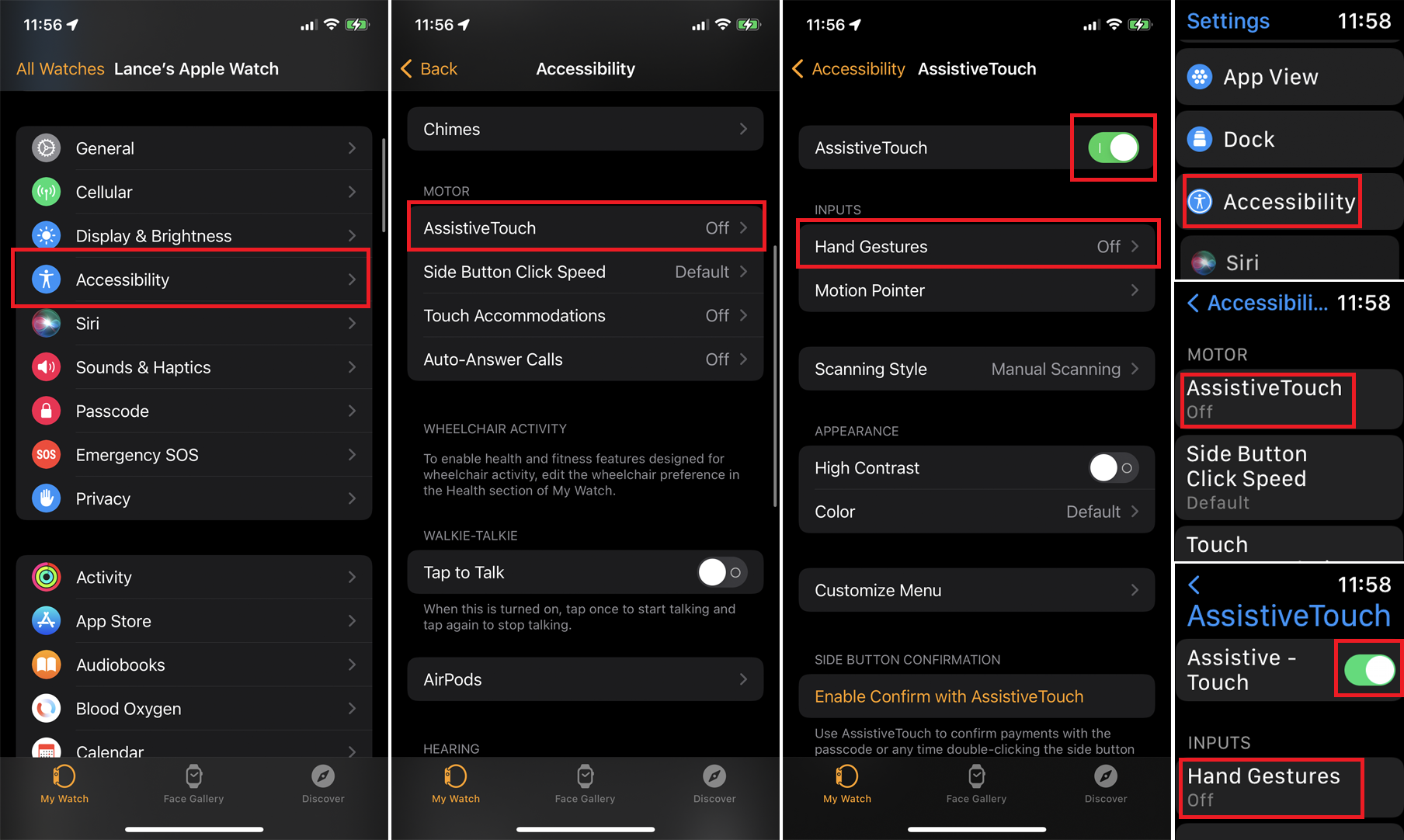 captures d'écran des menus iphone et apple watch nécessaires pour activer assistivetouch