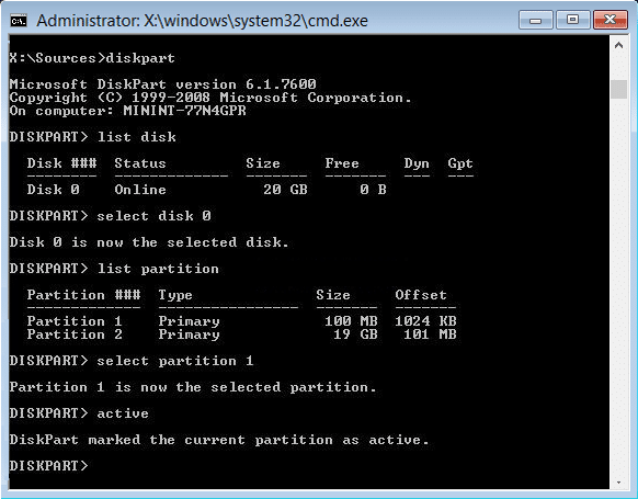 marquer la partition active diskpart