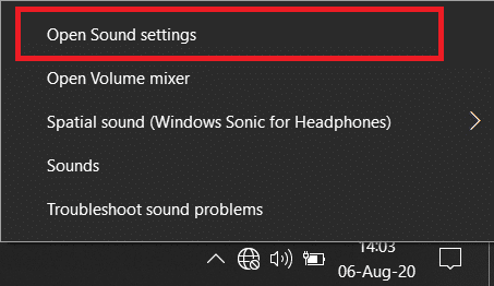 Faceți clic dreapta pe pictograma difuzor/volum și selectați Deschide setări sunet | Remediați Niciun sunet de la căști în Windows 10